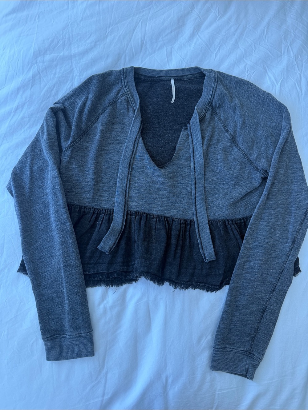 Free People Women's Gray Cropped Ruffle Hem Pullover Top